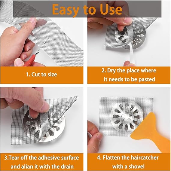 Self Adhesive Mesh Roll for Bathroom Drain Kitchen Sink Strainer Disposable Hair Catcher Shower Drain Mesh Stickers Cuttable PVC Mash Shower Drain Cover Hair Catcher for Any Length (12cm x 4m)
