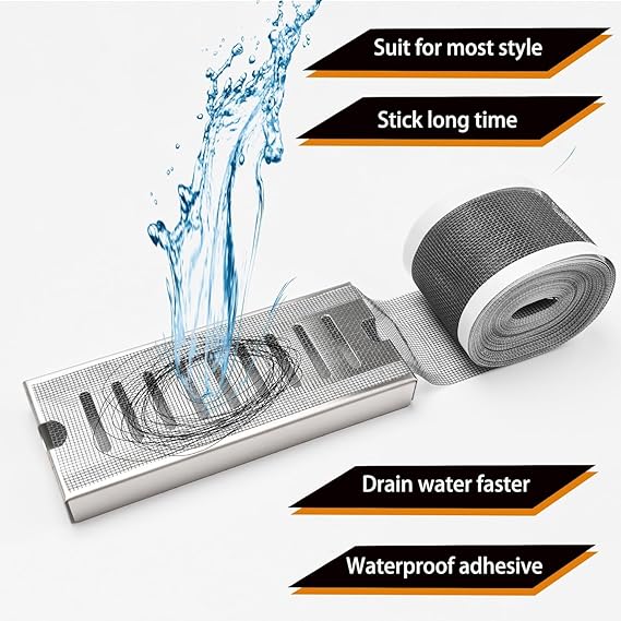 Self Adhesive Mesh Roll for Bathroom Drain Kitchen Sink Strainer Disposable Hair Catcher Shower Drain Mesh Stickers Cuttable PVC Mash Shower Drain Cover Hair Catcher for Any Length (12cm x 4m)