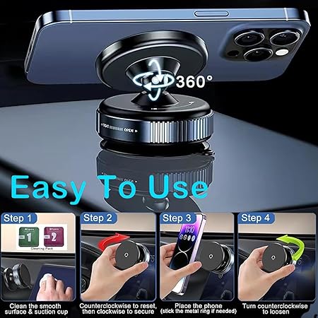 Magnetic Phone Holder Stand Upgraded Vacuum Suction Cup Mount with 360° Swivel Lock | Compatible with | for Car, Gym, Mirror, Kitchen & Smooth Surfaces